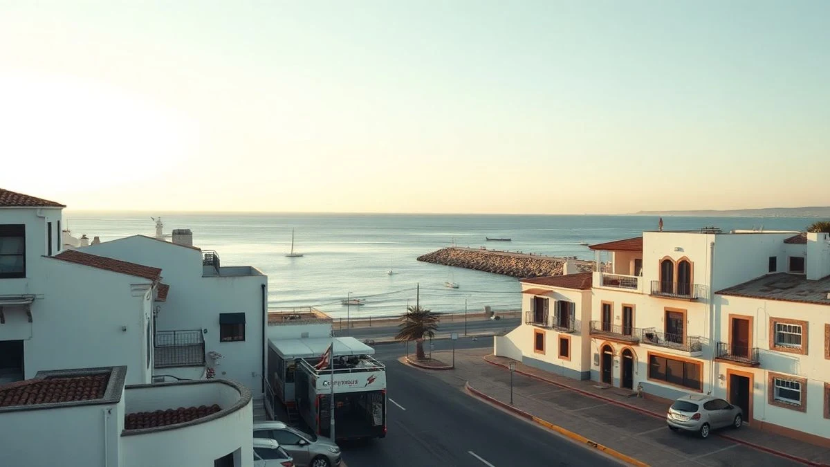 Imagen ilustrativa: vista panorámica de un pueblo costero andaluz con playa y paseo marítimo al atardecer