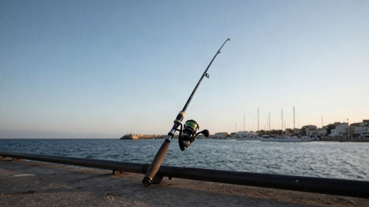 Illustrative image: a fishing rod resting on the railing of a pier with the sea in the background.