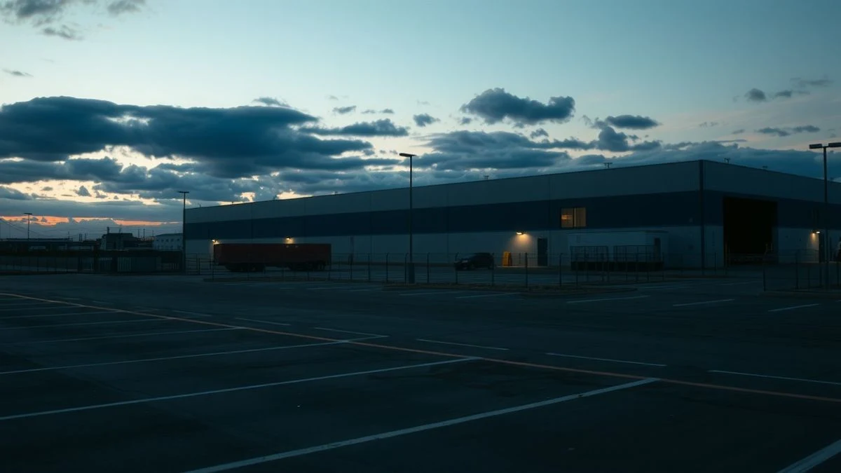 Imagen ilustrativa: un polígono industrial al atardecer, con una nave y una furgoneta blanca aparcada.