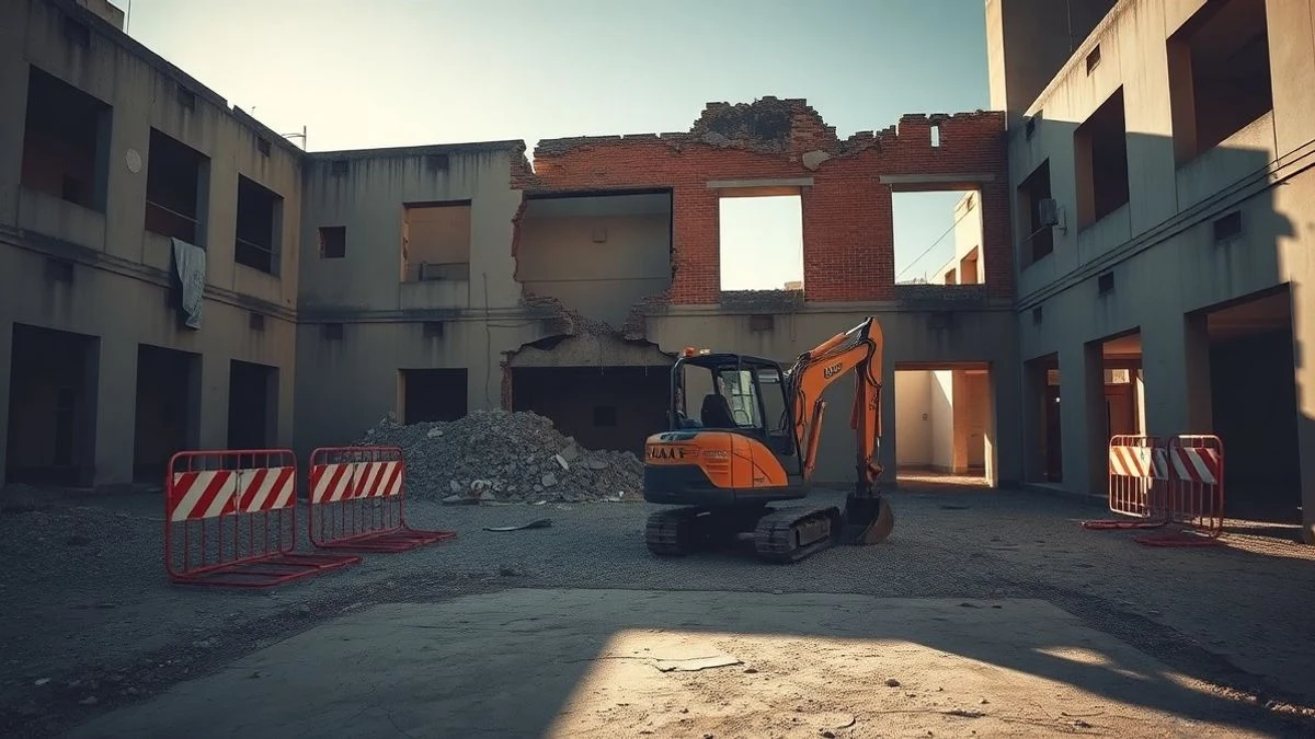 Imagen ilustrativa: edificio escolar parcialmente demolido con grietas y una excavadora, en un entorno urbano español.