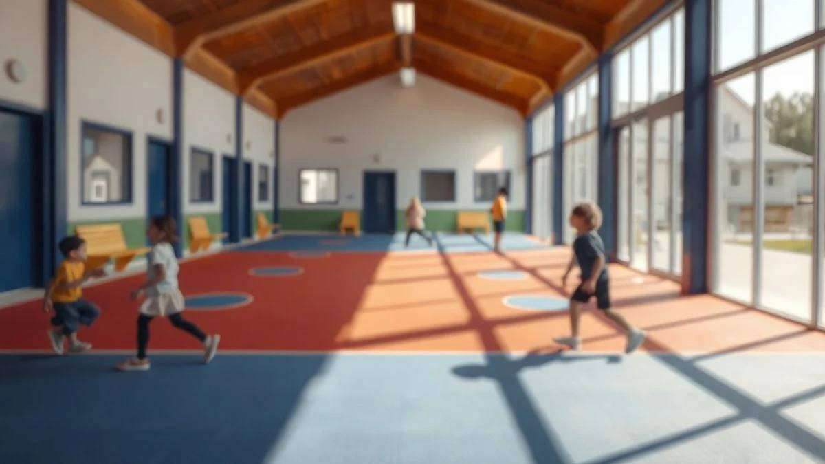 Illustrative image: a blue and orange school playground with safety flooring, viewed in perspective, with afternoon light.