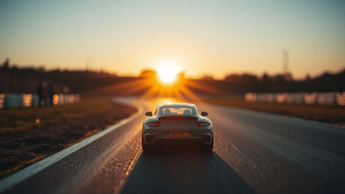 Imagen ilustrativa: un coche de carreras en miniatura sobre una pista al atardecer, con siluetas de fondo y contraluz
