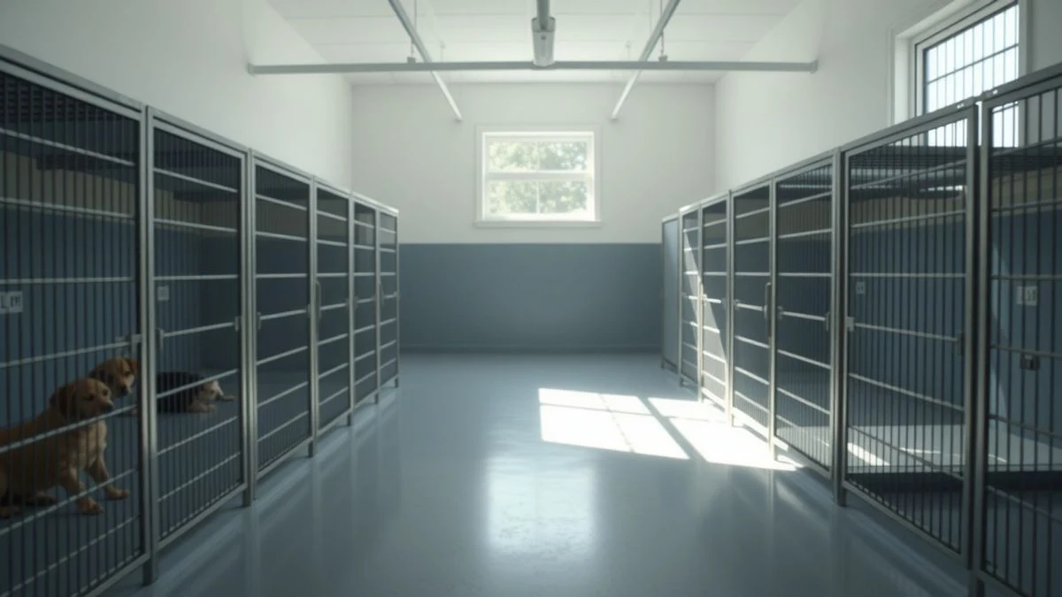 Illustrative image: Empty interior of a modern kennel with natural light and clean cages.