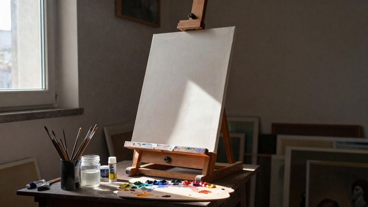 Imagen ilustrativa: caballete con lienzo en blanco junto a una paleta y pinceles en un estudio con luz de ventana