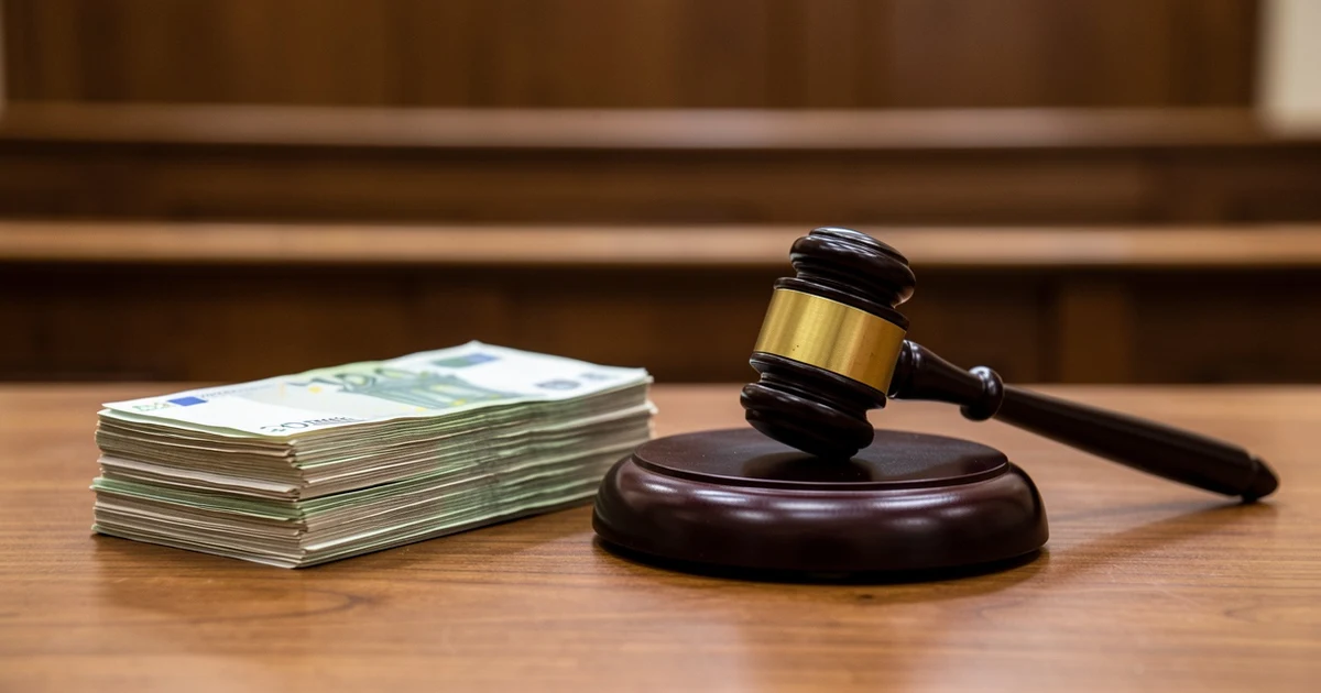 Bundle of euro notes and a judge's hammer on a wooden table