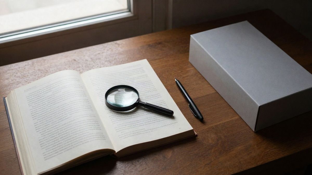 Illustrative image: overhead view of a table with an open electoral census book, a magnifying glass, and a ballot box