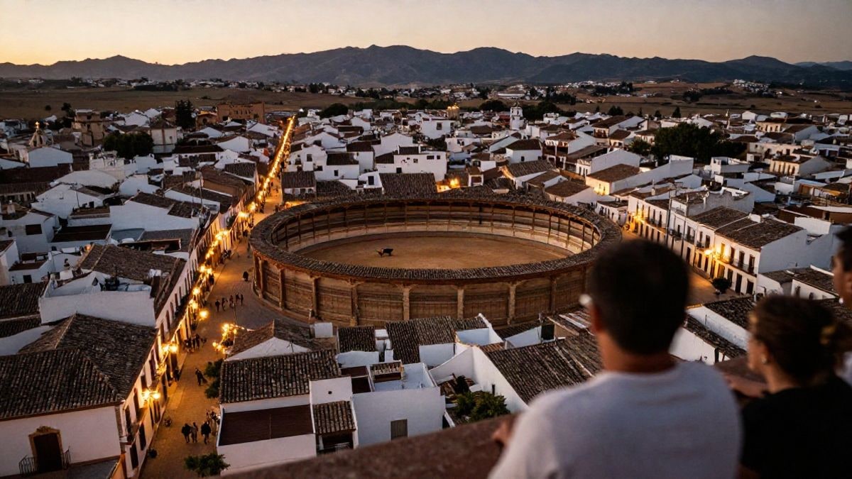 Imagen ilustrativa: vista aérea de una ciudad andaluza al atardecer con plaza de toros y luces festivas.