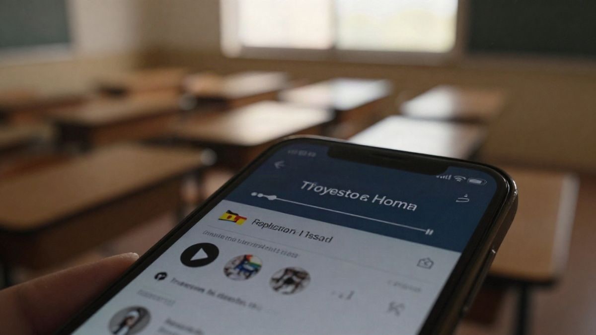 Imagen ilustrativa: primer plano de un teléfono móvil con una aplicación de grabación de audio y aulas desenfocadas al fondo