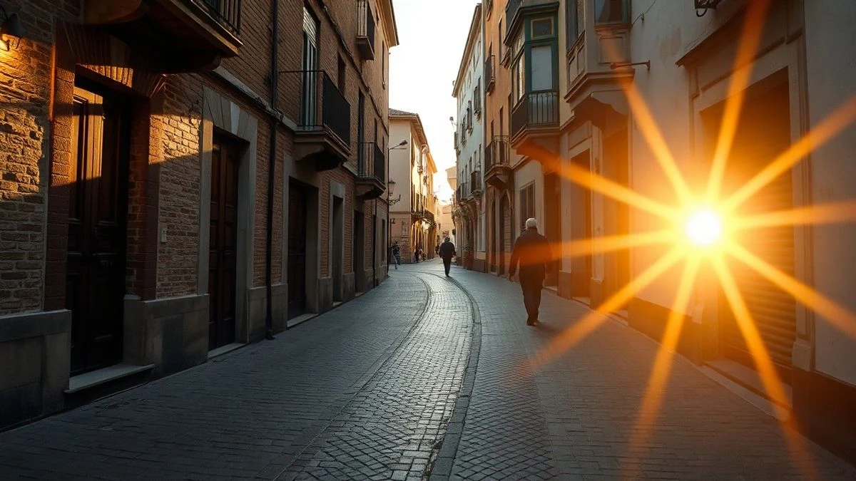 Illustrative image: cobbled street at sunset with silhouettes and long shadows