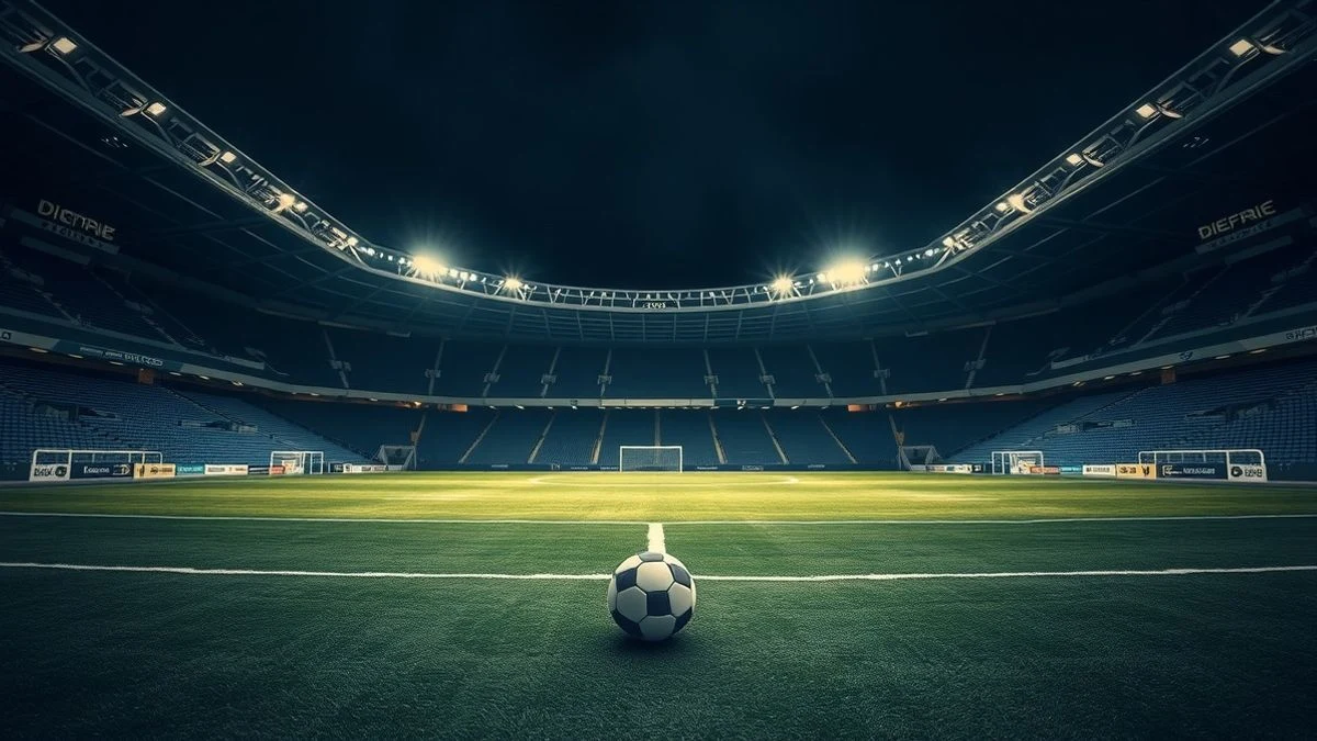 Estadio de fútbol vacío por la noche con focos encendidos y un balón en el centro del campo