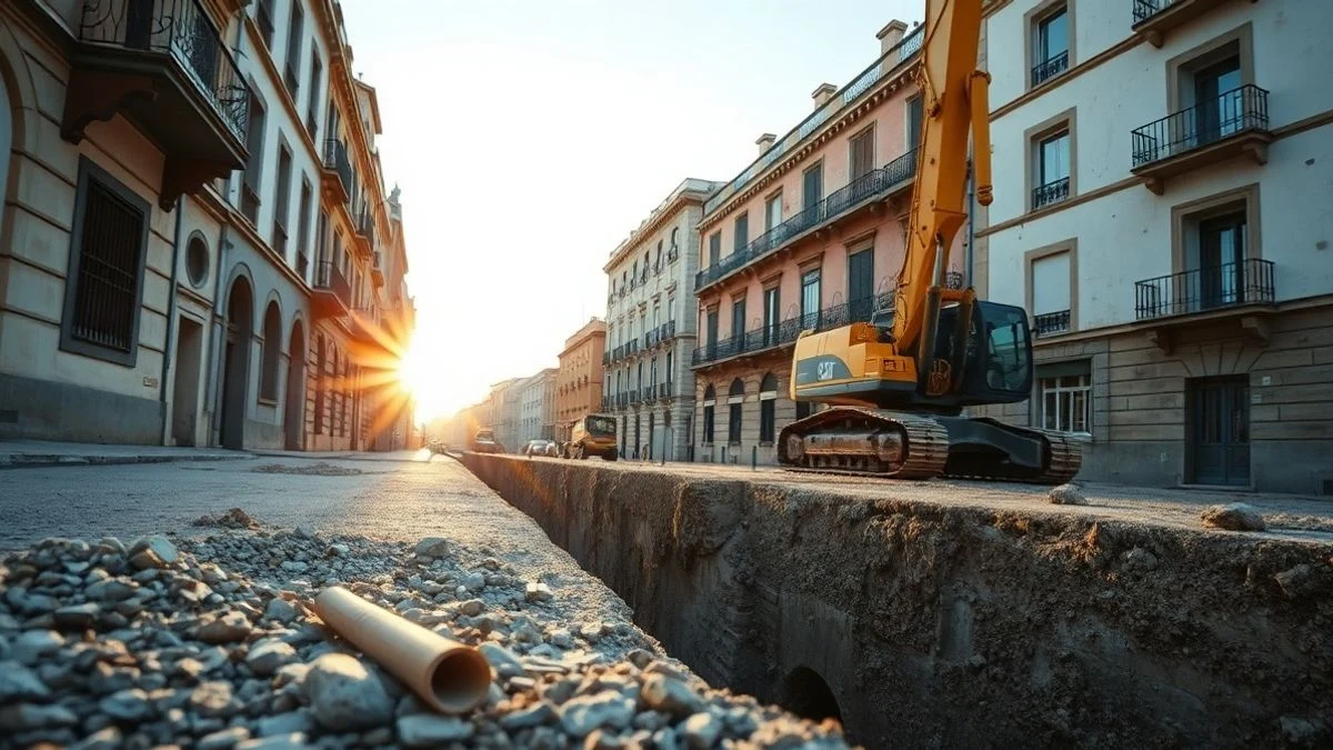 Obra de construcción de un parking subterráneo con maquinaria y edificios históricos al fondo