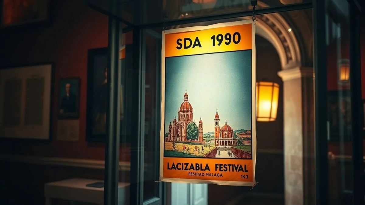 Imagen ilustrativa: cartel antiguo de feria en una vitrina de museo, con motivos de la Alcazaba y la Catedral al fondo.