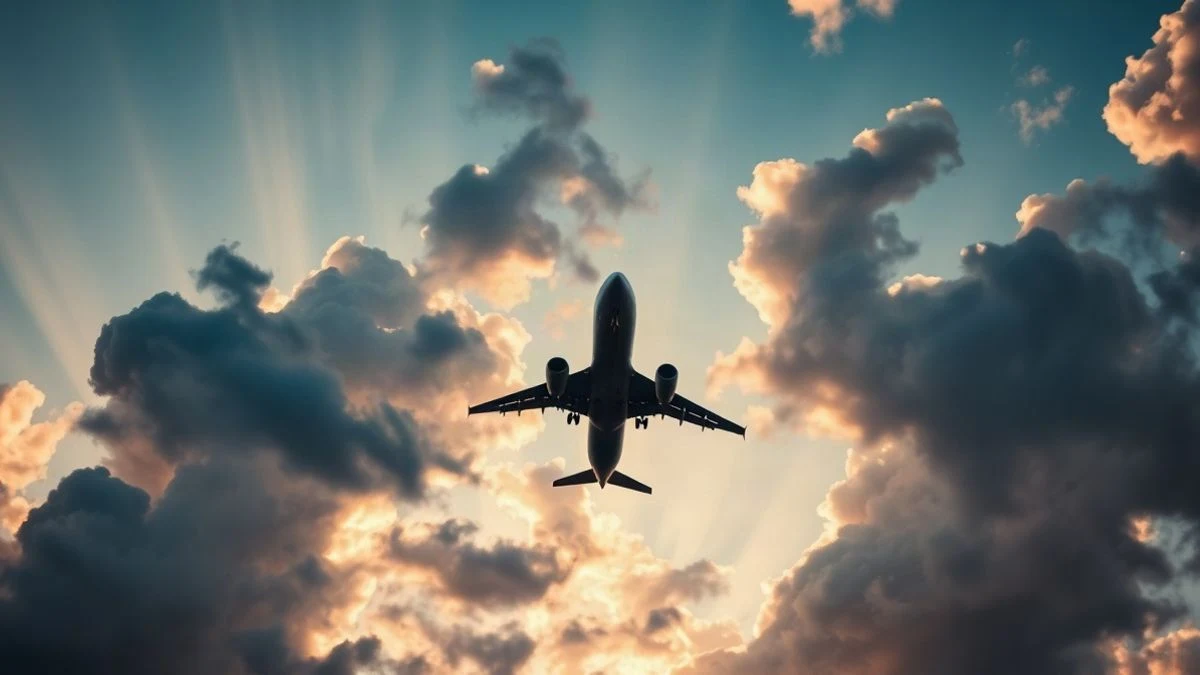 Illustrative image: a commercial airplane in flight viewed from below, with the sky in the background backlit.