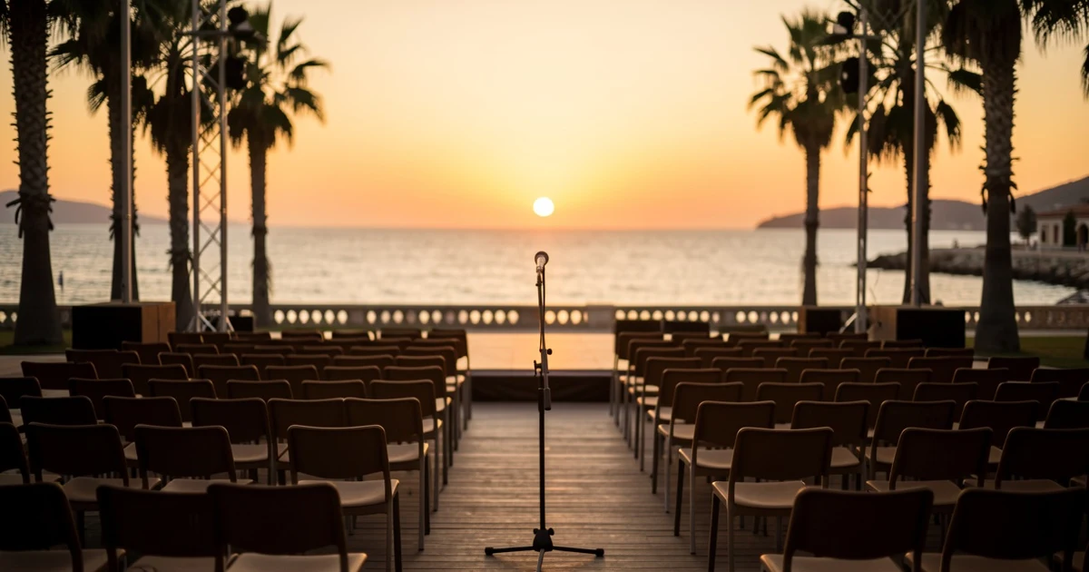 Escenario vacío de Marenostrum Fuengirola al atardecer, con micrófono y sillas, vista al mar.