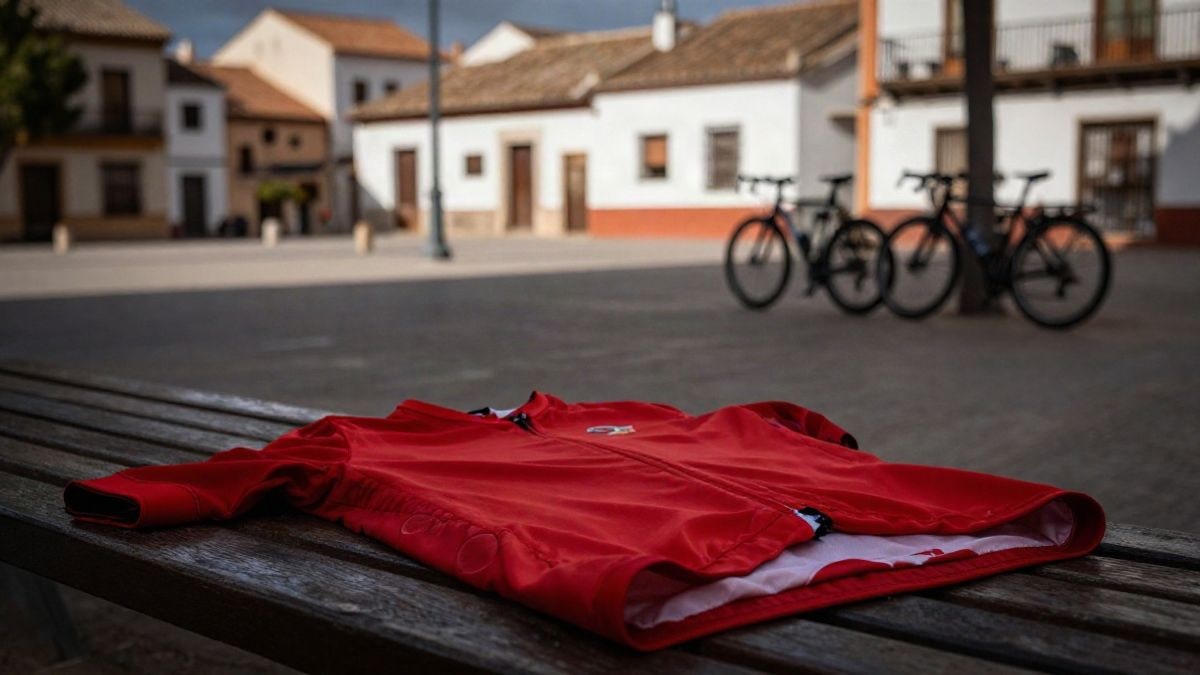 Illustrative image: a red cycling shirt on a bench in a sunny square with bicycles in the background.