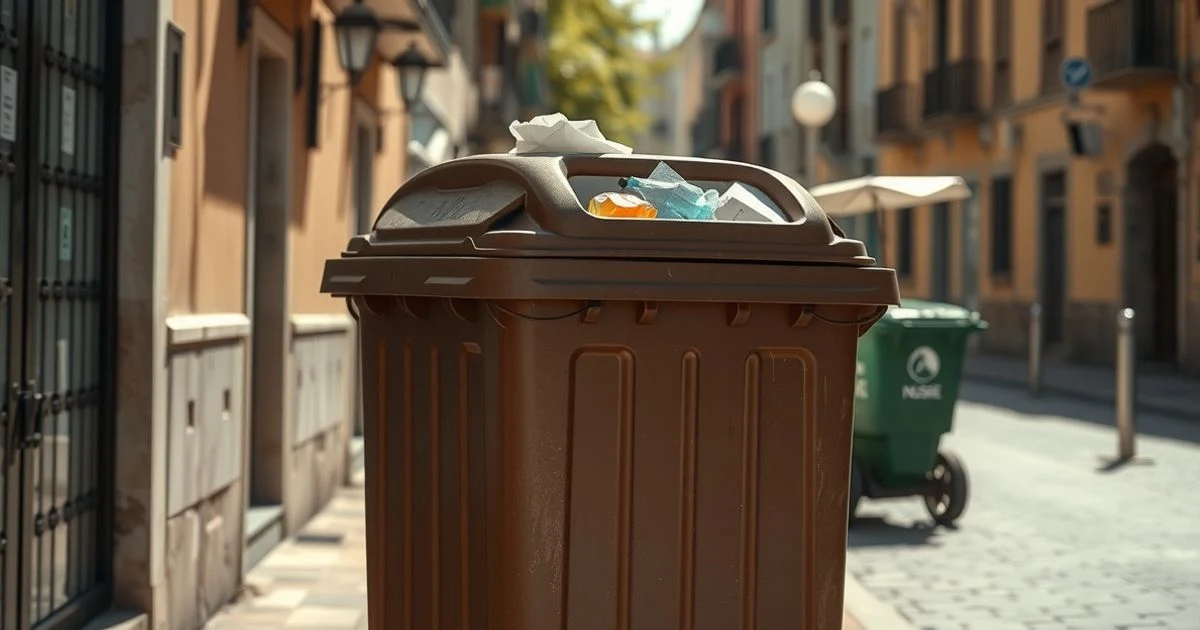 Brown container for organic waste on a street in Antequera with an informational point
