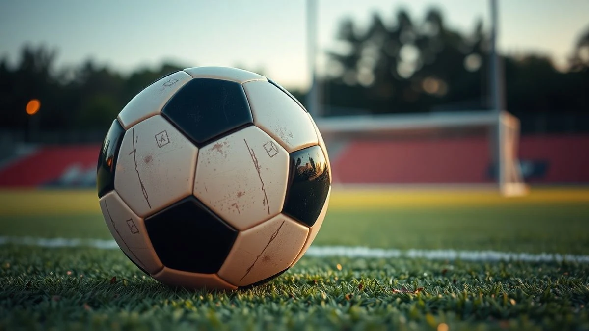 Close-up of a football on the grass, with a goal in the background, golden light of sunset