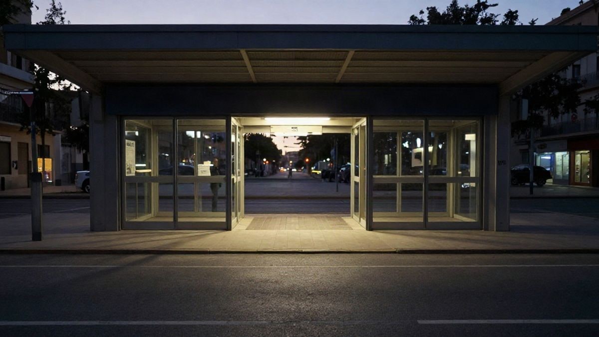 Imagen ilustrativa: entrada genérica de una comisaría de policía local al atardecer, con una figura uniformada de espaldas