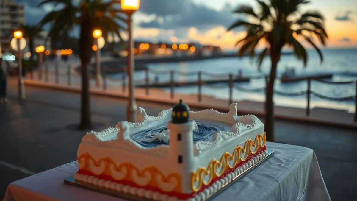 Imagen ilustrativa: una tarta rectangular decorada con figuras de fondant que representan faros y olas, en una mesa al aire libre al atardecer, con el mar de fondo.