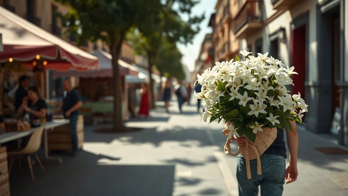 Illustrative image: a festive street with lights and a small figure in the background carrying a bouquet of white flowers.