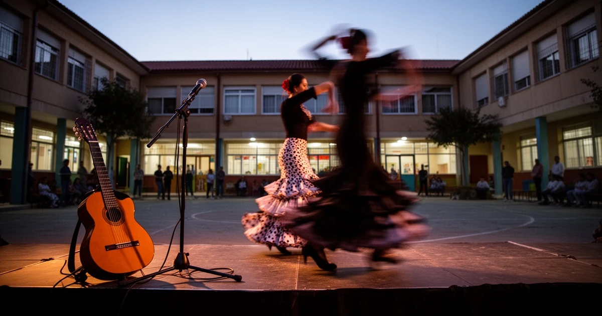 Escenario de la Noche Flamenca en el patio del colegio Emilia Olivares al atardecer
