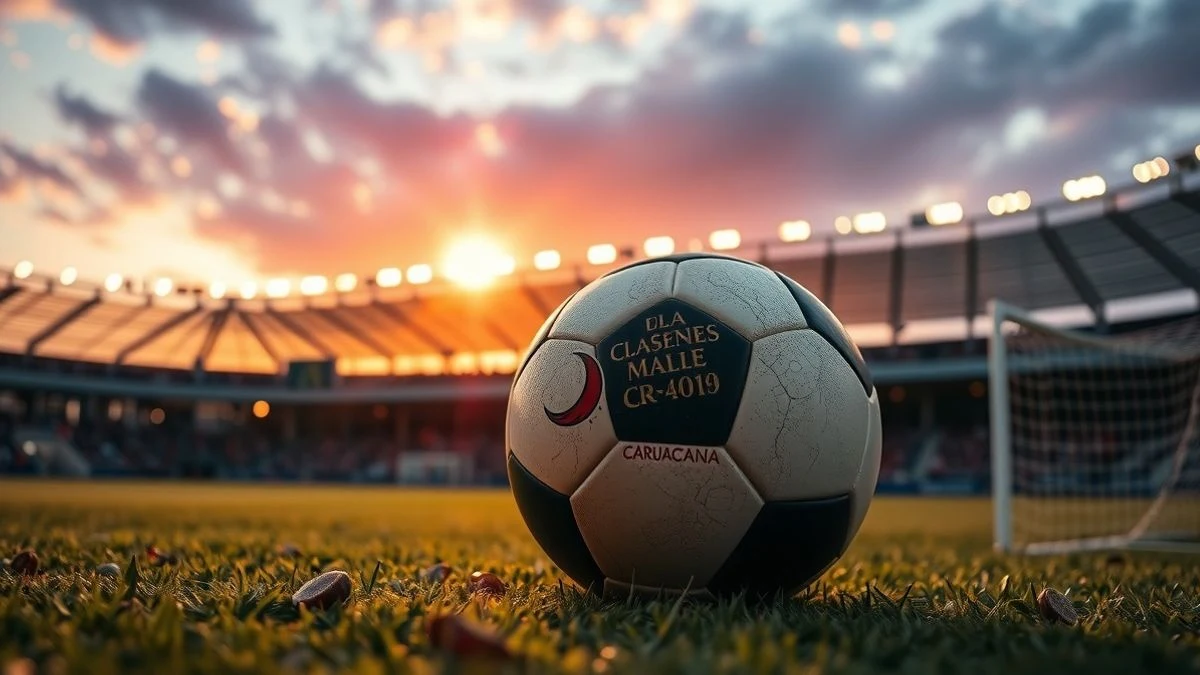 Illustrative image: a football on the grass of a stadium at sunset, with a goal in the background