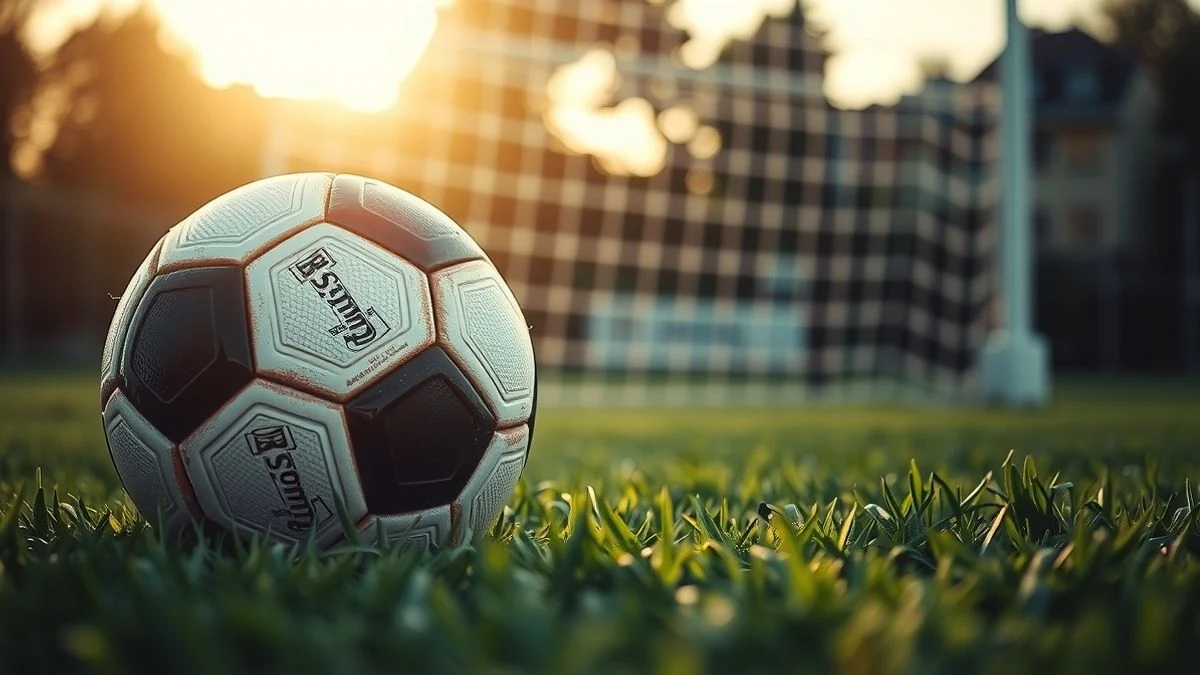 Balón de fútbol sobre el césped con una portería al fondo