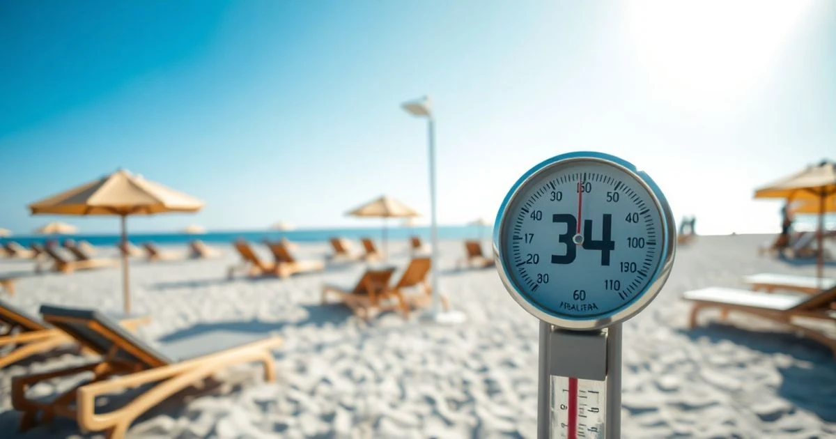 Playa vacía de Málaga con sombrillas y un termómetro marcando 34 grados en primer plano