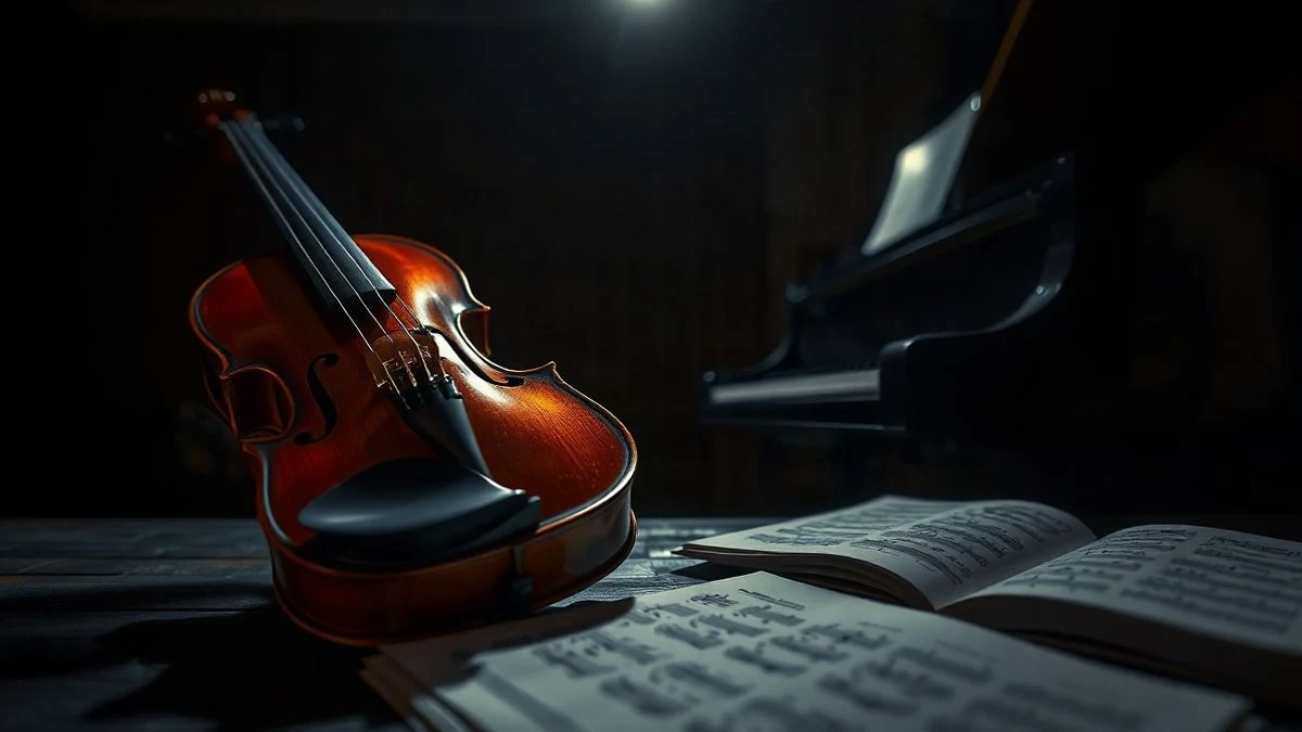 Imagen ilustrativa: un violín y un teclado de piano sobre un escenario de madera con una luz cenital y partituras dispersas.