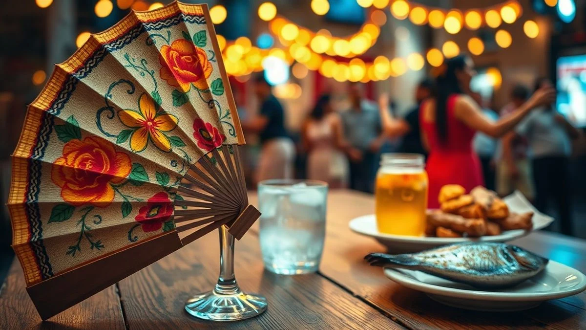 Imagen ilustrativa: un abanico español de colores sobre una mesa con un vaso de rebujito y fritura, al fondo luces de feria desenfocadas.
