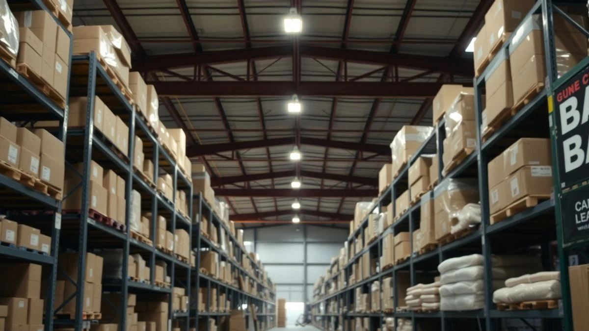 Illustrative image: interior of a modern warehouse with shelves and boxes, illuminated with artificial light.