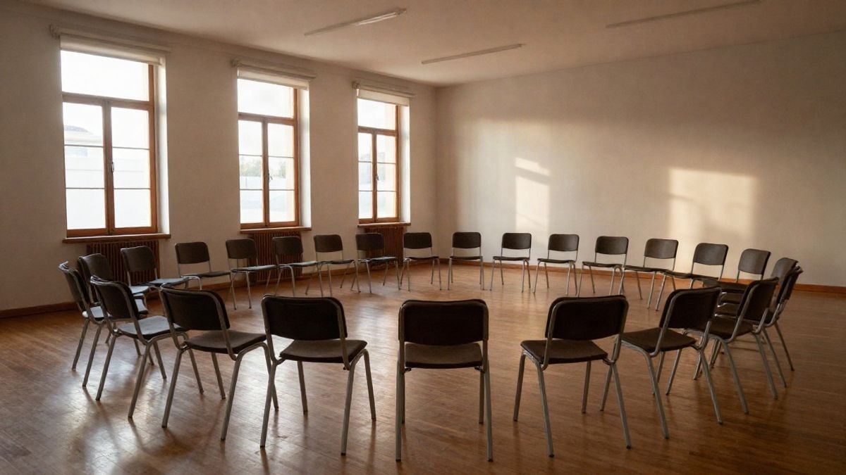 Imagen ilustrativa: sala comunitaria con sillas dispuestas en círculo y luz natural entrando por los ventanales
