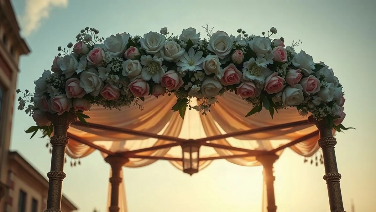 Illustrative image: a processional canopy with white and pink flowers in front of a cathedral facade
