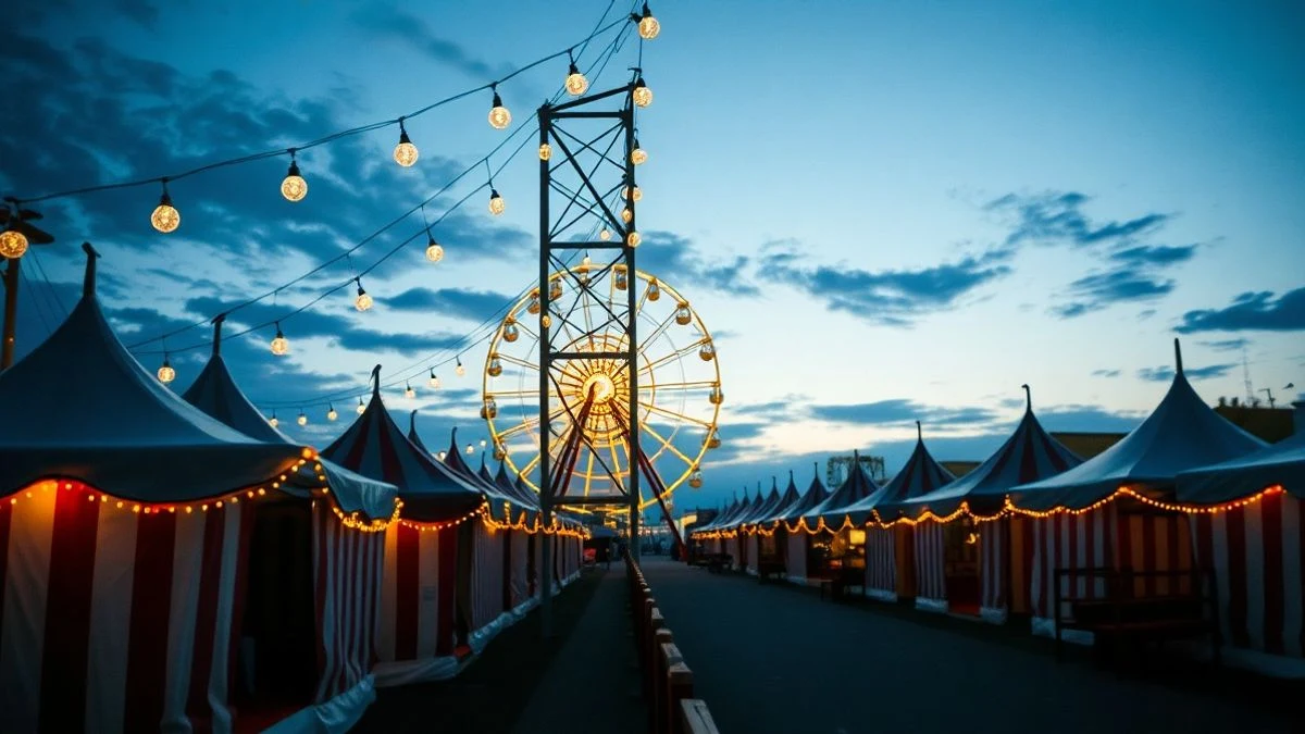 Illustrative image: booths and attractions at a fair at sunset, with lights and colourful awnings