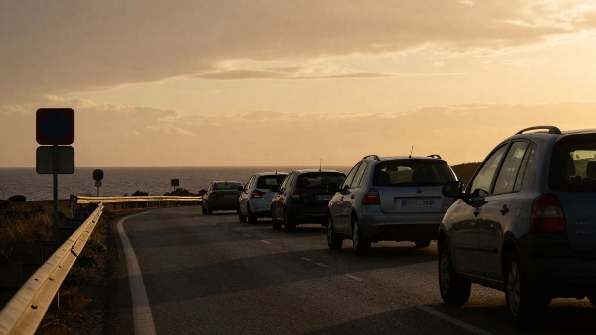 Illustrative image: cars stopped on a coastal road at sunset with elongated shadows