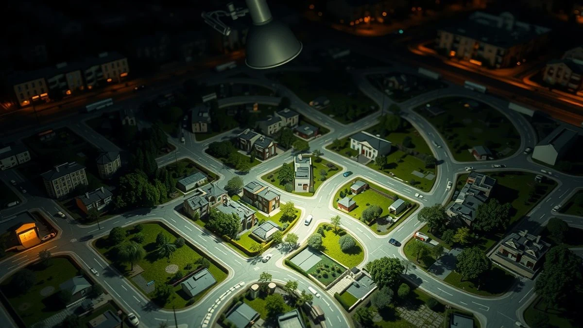 Illustrative image: urban planning model lit by a desk lamp, featuring residential areas and green spaces.