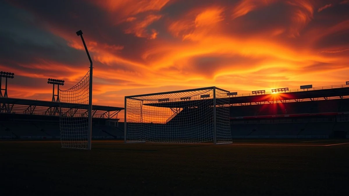 Football field at sunset with an empty goal and long shadows