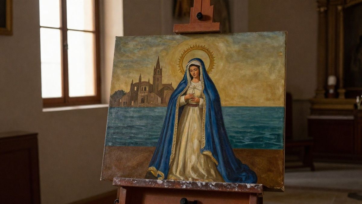 Imagen ilustrativa: un cuadro con una figura mariana sobre el mar, expuesto en un atril dentro de una iglesia con luz dorada.