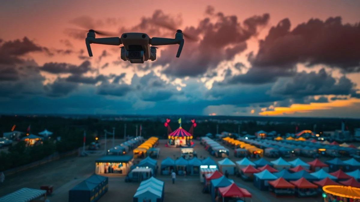 Imagen ilustrativa: vista aérea de un recinto ferial vacío al atardecer, con casetas y un dron en el cielo