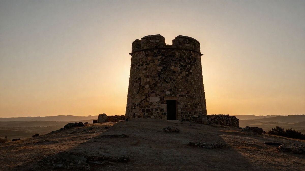 Illustrative image: silhouette of a stone watchtower atop a hill at sunset, with visible cracks at the top