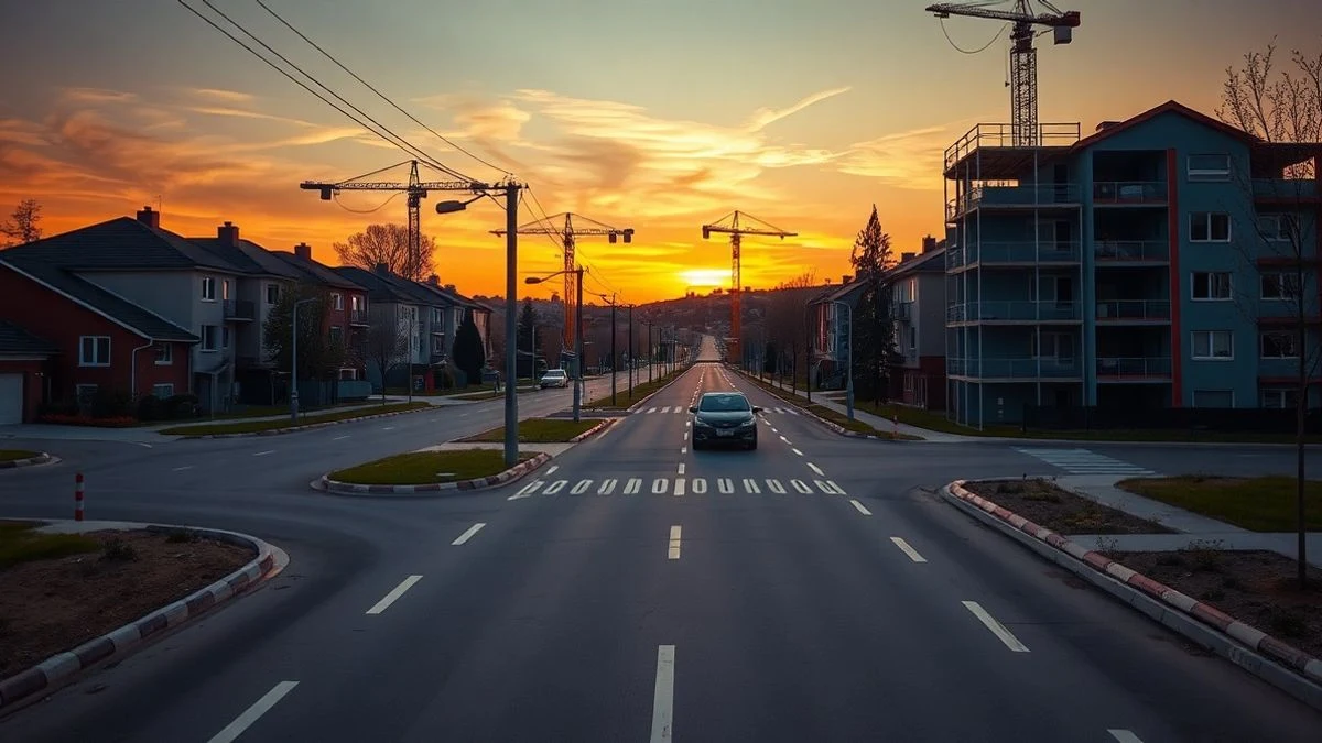 Illustrative image: urbanisation with streetlights on and ongoing works at sunset