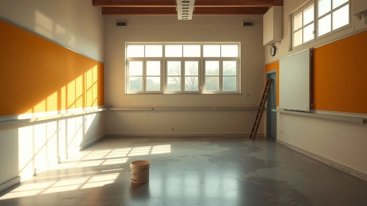 Empty classroom with freshly painted walls, a ladder, and a paint bucket on the floor, illuminated by natural light.
