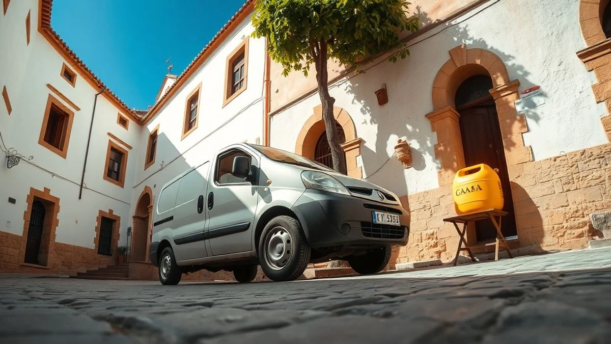 Vehículo de baldeo estacionado en una calle estrecha del casco histórico de Antequera, con cielo azul de fondo