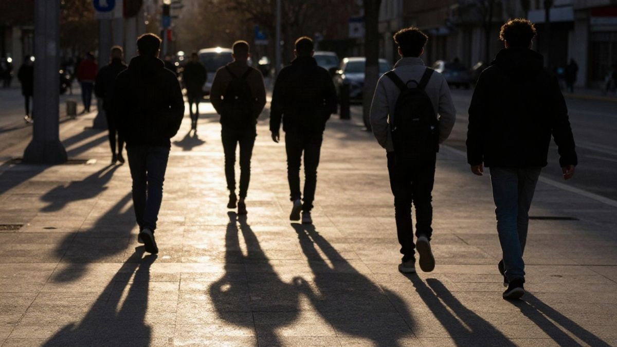 Imagen ilustrativa: siluetas de jóvenes caminando al atardecer con sombras largas en un paseo urbano genérico