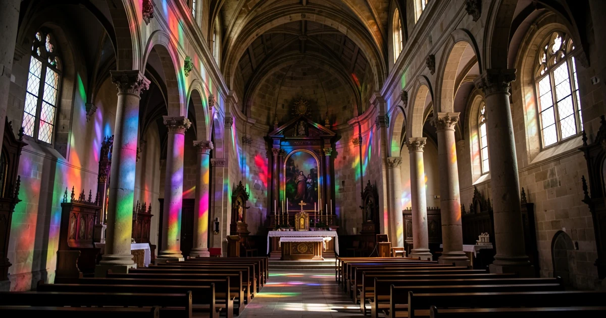 Interior de la Real Colegiata de Santa María la Mayor con proyecciones de luz colorida sobre el altar y las columnas