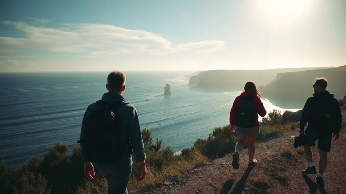 Imagen ilustrativa: un grupo de jóvenes caminando de espaldas por un sendero costero al atardecer, con el mar al fondo.