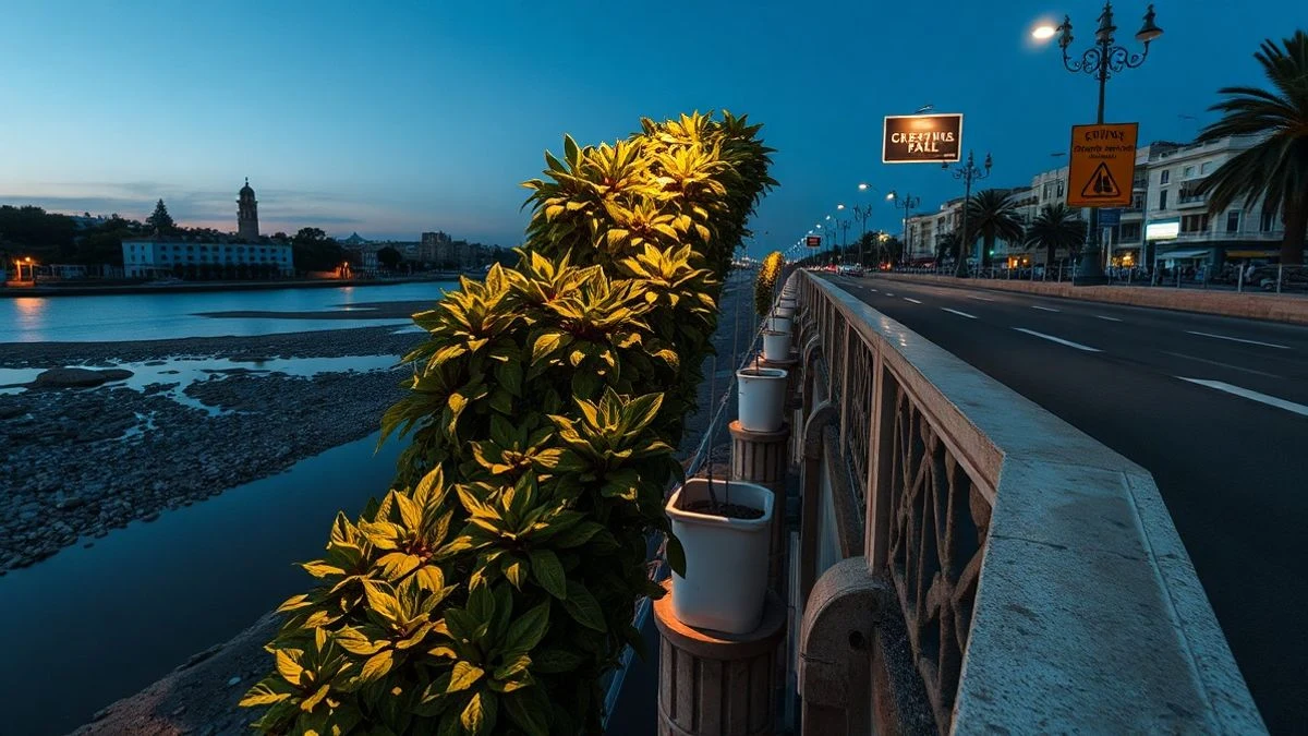 Illustrative image: vertical planters with hanging plants on the railing of an urban bridge at dusk, with streetlight illumination and Mediterranean vegetation.