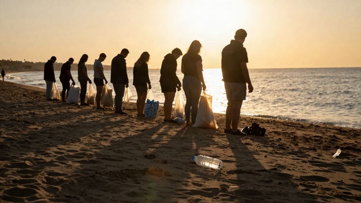 Illustrative image: volunteers collecting waste on a beach at sunset with long shadows