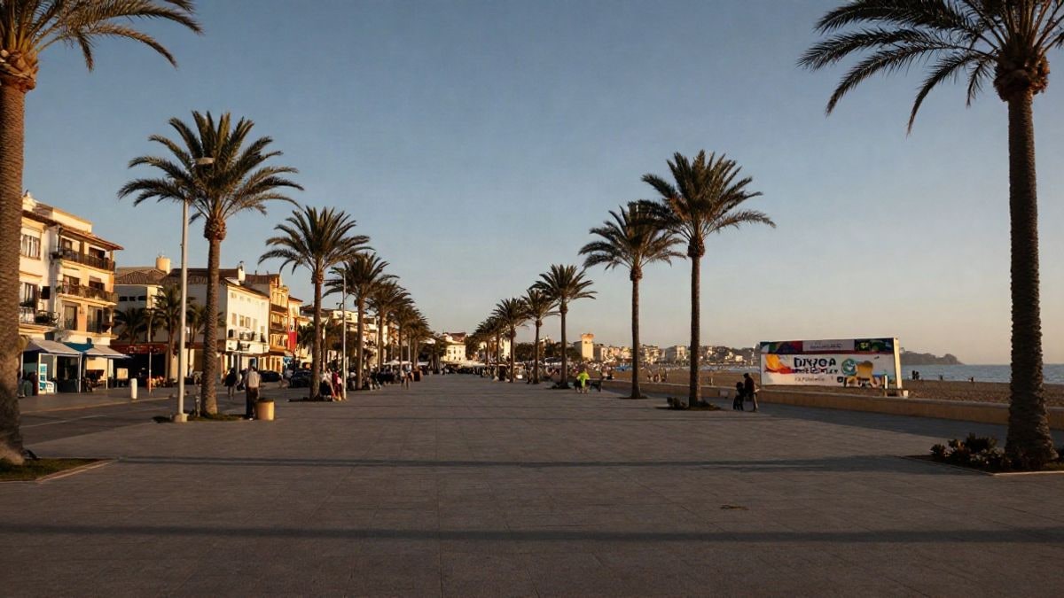 Imagen ilustrativa: grupo de personas haciendo ejercicio al aire libre en una plaza de una localidad costera al atardecer