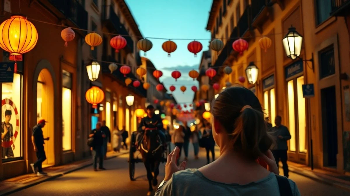 Imagen ilustrativa: calle andaluza engalanada con farolillos de papel al atardecer, ambiente festivo de feria.